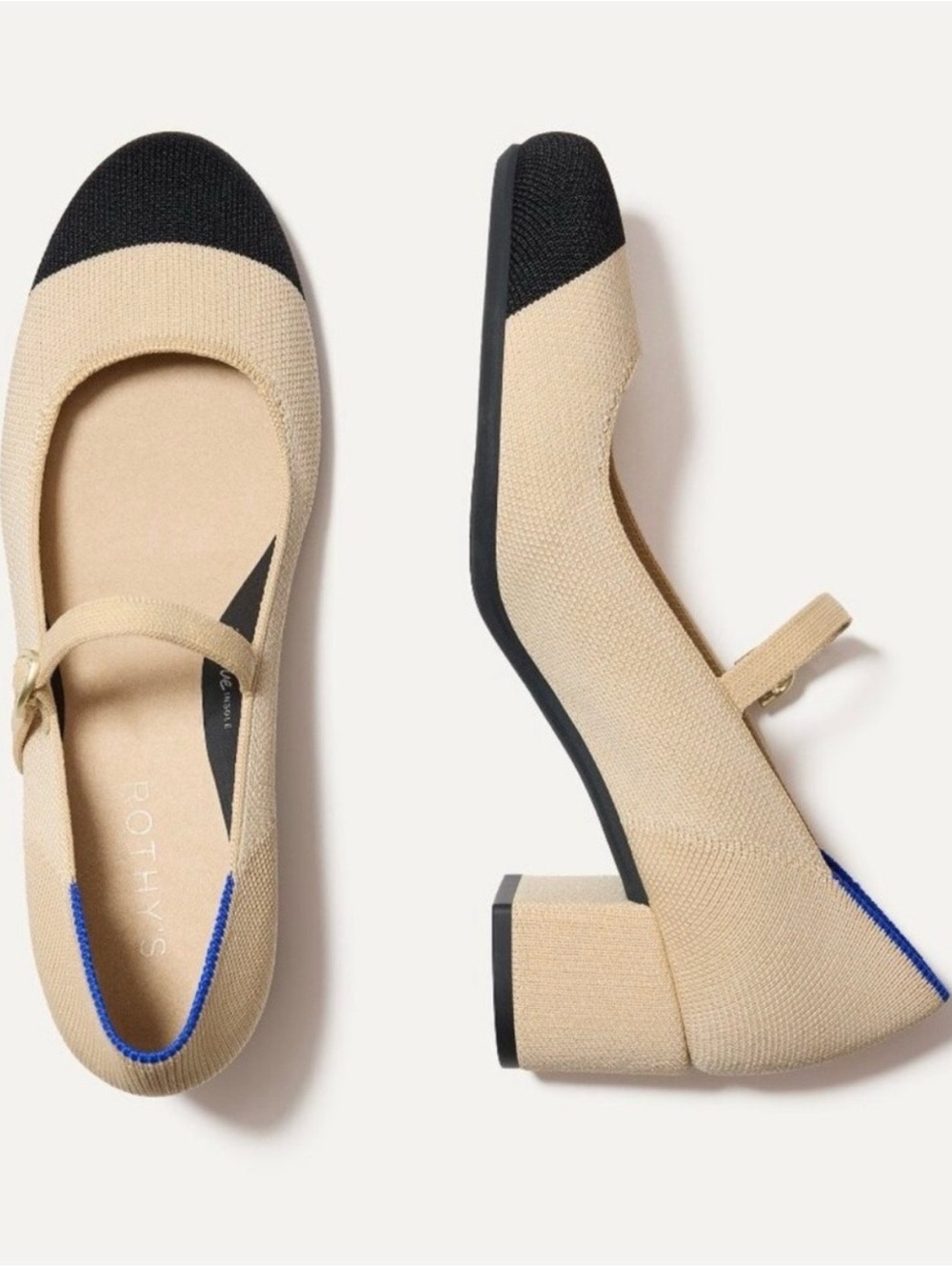 Rothy’s Mary Jane Block Square Heel Round Toe Cream Black Captoe Size 7 NEW
